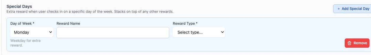 Check-in Add Special Day expanded fields